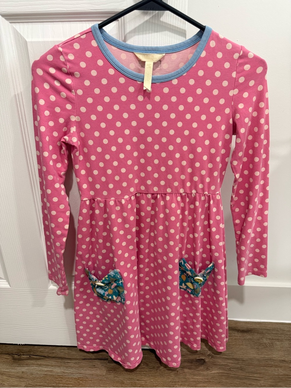 Matilda Jane Pink Polka Dot Long-Sleeve Dress with Blue Trim and Floral Pockets